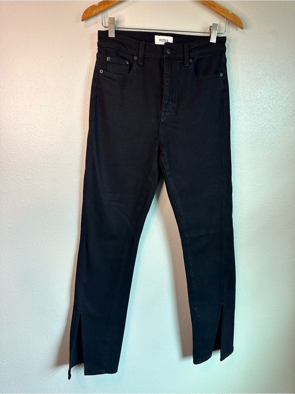 PISTOLA Teagan High Rise Split Hem Straight Leg Jeans Size 28 Solid Black Denim